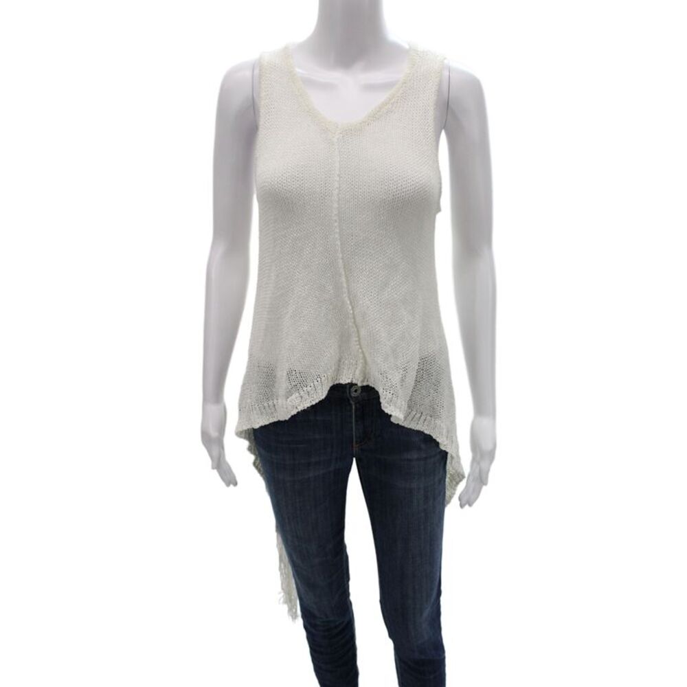 Dondup Women White Sleeveless V Neck Tunic Tank Linen Blend Size 44
